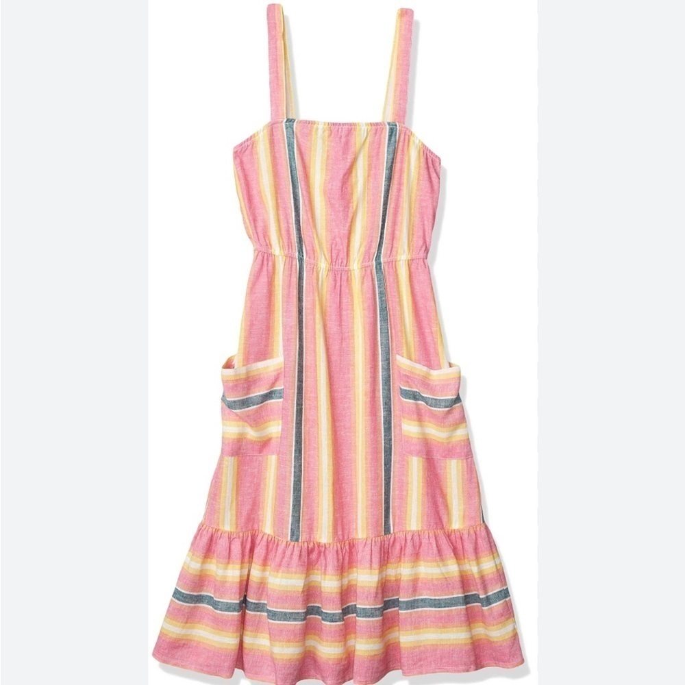 BB Dakota Pink Lemonade Dress Linen Apron Dress Pockets Boho Chic Revival Ruffle
